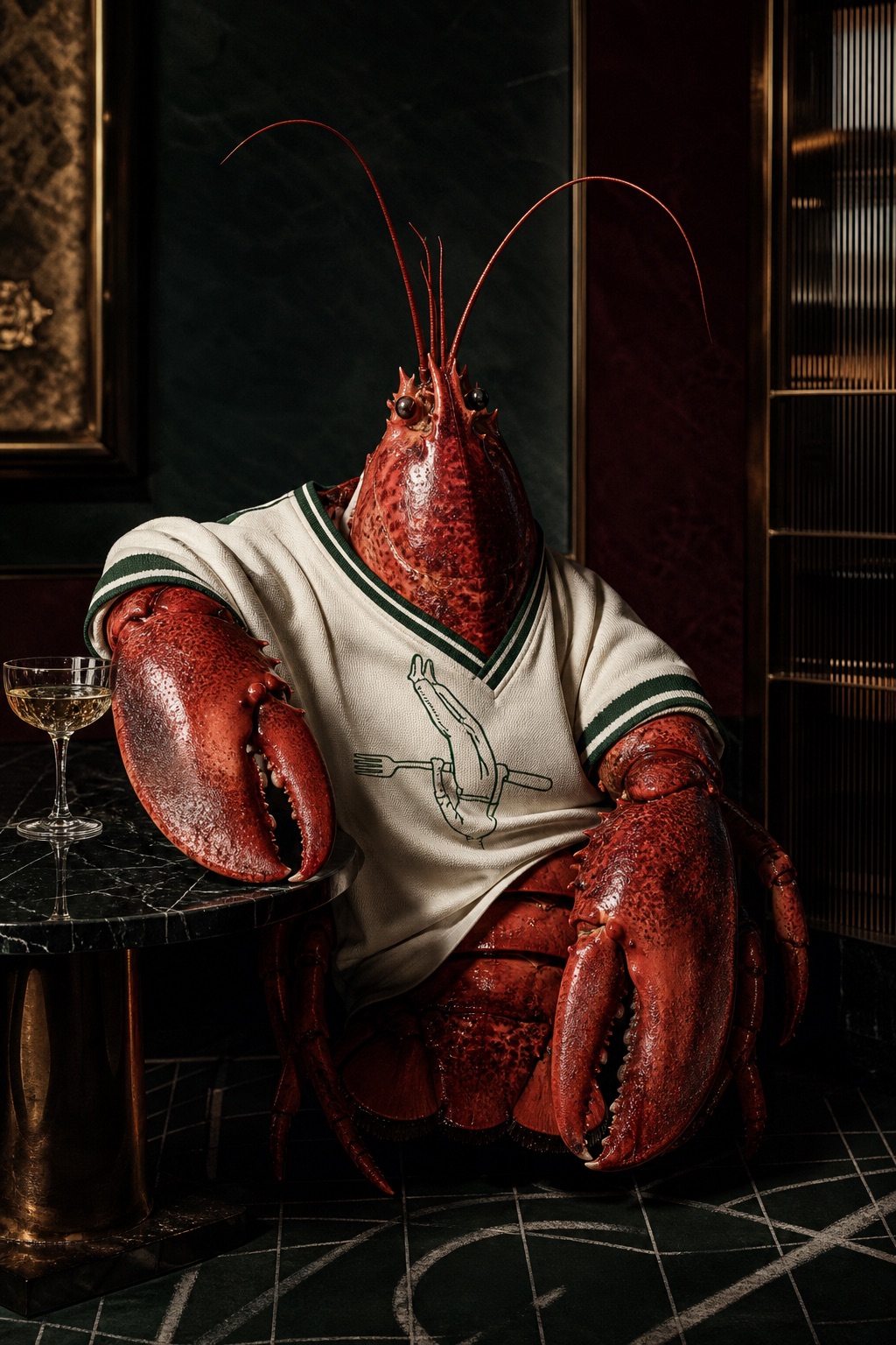 Een kreeft in een sporttrui aan een cocktailtafel — the Gym by Sidney Schutte
